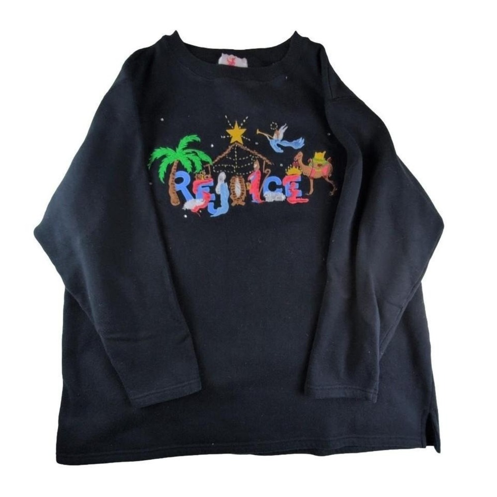 Quacker Factory Christmas Embroidered Sweatshirt "Rejoice" Black Long‎ Sleeve XL